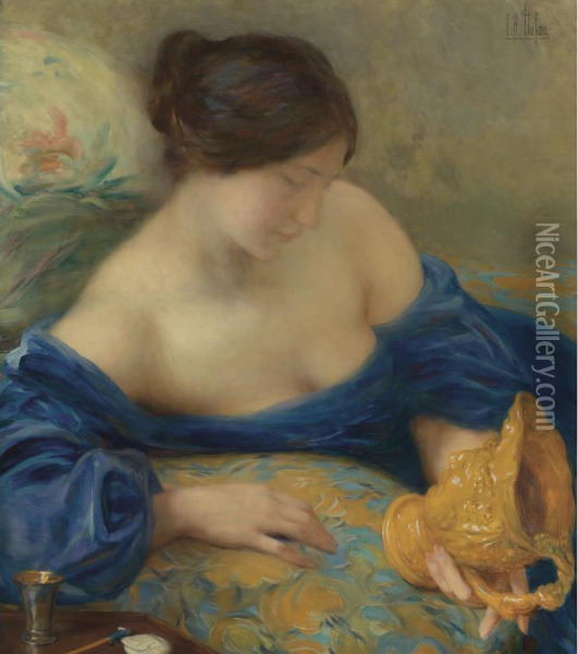 Admiring A Vase Oil Painting - Clementine Helene Dufau