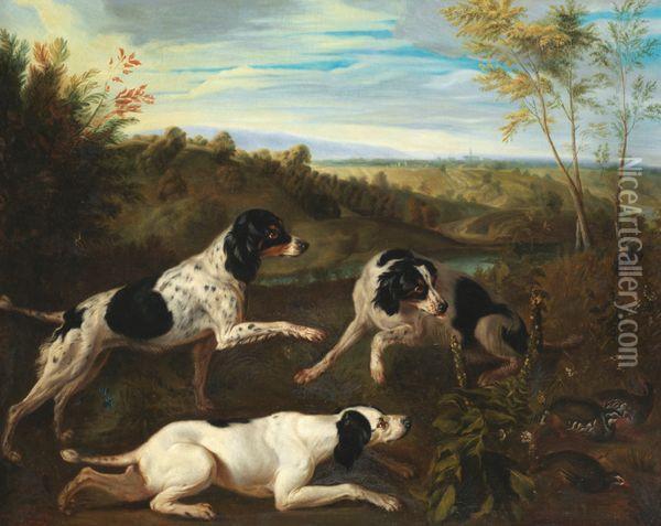 Chiens Debusquant Dans La Campagne Des Perdrix Oil Painting - Alexandre-Francois Desportes