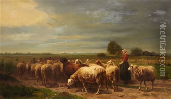 Landscape With A Shepherdess And A Flock Of Sheep Oil Painting - Charles Dielman
