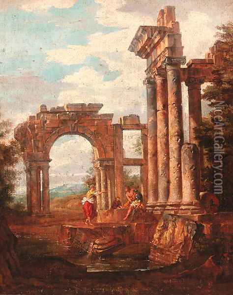 Capricci of Roman ruins with soldiers and travellers resting Oil Painting - Giovanni Paolo Panini