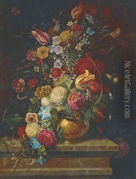Tulips, roses, chrysanthemums Oil Painting - Dutch School