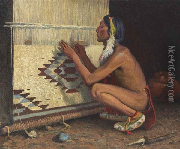A Pueblo Indian Weaver Oil Painting - Eanger Irving Couse