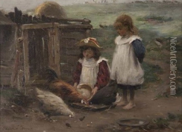 Feeding The Chickens Oil Painting - William Marshall Brown