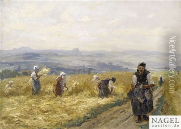 Grain Harvest In Swabian Landscape Oil Painting - Albert Kappis