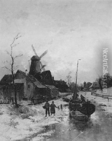 Hollandische Winterlandschaft Mit Fischern Auf Einem Kanal Oil Painting - Georg Fischhof