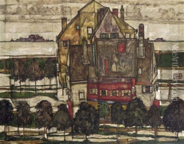 Einzelne Hauser - Hauser Mit Bergen (+ Monk I, Fragment, Verso) Oil Painting - Egon Schiele