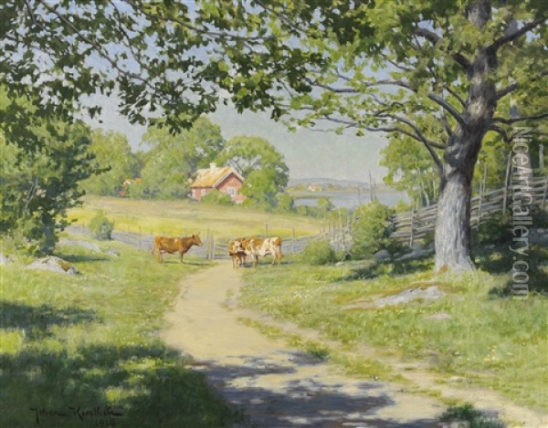 Landskap Med Kor Oil Painting - Johan Fredrik Krouthen