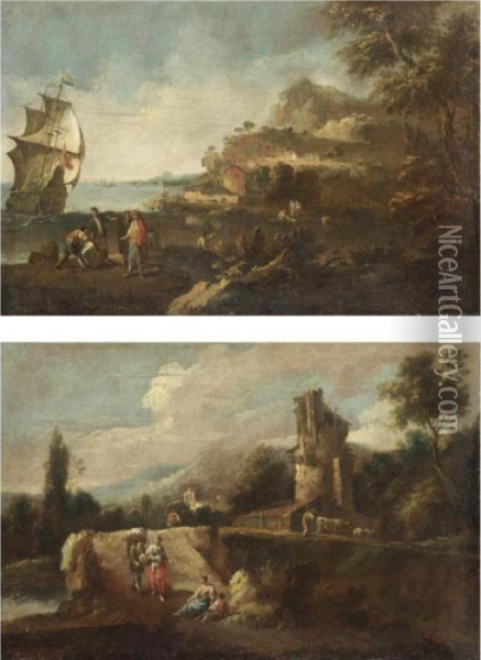 Veduta Costiera Con Figure E 
Un'imbarcazione; Paesaggio Con Contadini Vicino A Una Cascina Oil Painting - Giuseppe Zais