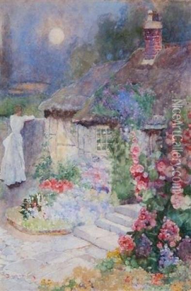 Girl In A White Dress Outside A Thatched Cottage With Hollyhocks Oil Painting - David Woodlock