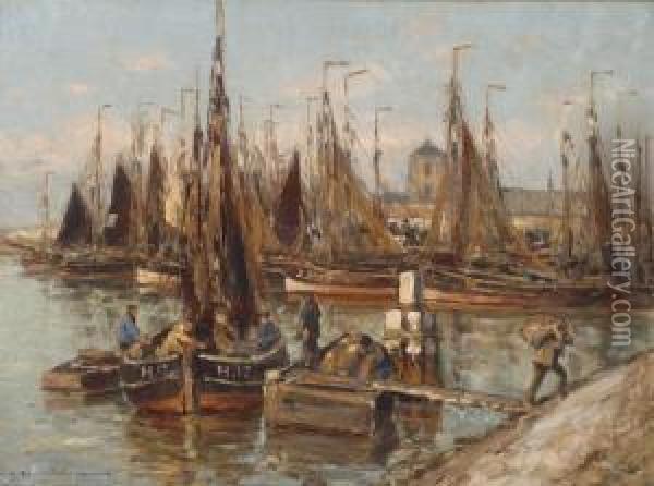 Ships In The Harbour Of Katwijk Oil Painting - Wilhelm Hambutchen