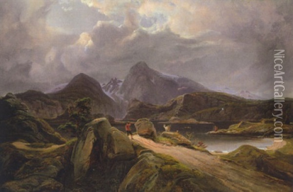 Strandpartie An Einem Fjord In Norwegen Oil Painting - Franz Wilhelm Schiertz