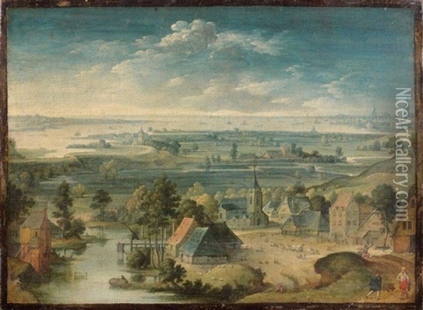 Vue Panoramique D'un Village Des Flandres A Droite La Ville D'anvers Oil Painting - Hans Bol