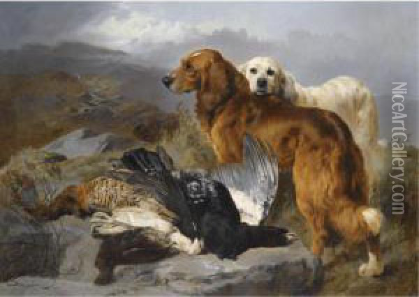 A Retriever And Setter With Capercaillie, Ptarmigan And Grouse Oil Painting - George W. Horlor