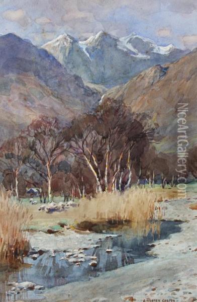 A Quiet Stream, Mountains Beyond Oil Painting - Alfred Heaton Cooper