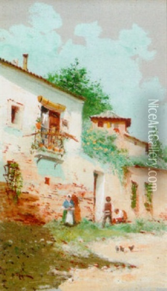 A Village Street Oil Painting - Antonio Maria de Reyna Manescau