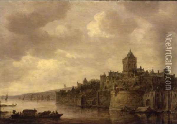 The Valkhof At Nijmegen,with A Ferry On The River Waal In The Foreground Oil Painting - Jan van Goyen