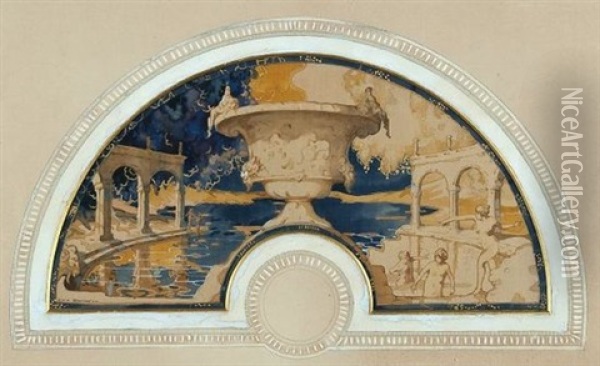 Girls Bathing In An Ornamental Pool, Fan Design Oil Painting - George Sheringham