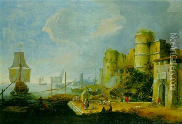A Capriccio Of A Town Wall On A Quay Oil Painting - Luca Carlevarijs