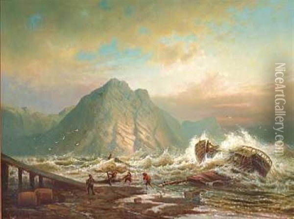 Somaend Slaeber Et Skibsvrag I Land Pa En Klippekyst I Hardt Vejr Oil Painting - Edmund Thornton Crawford