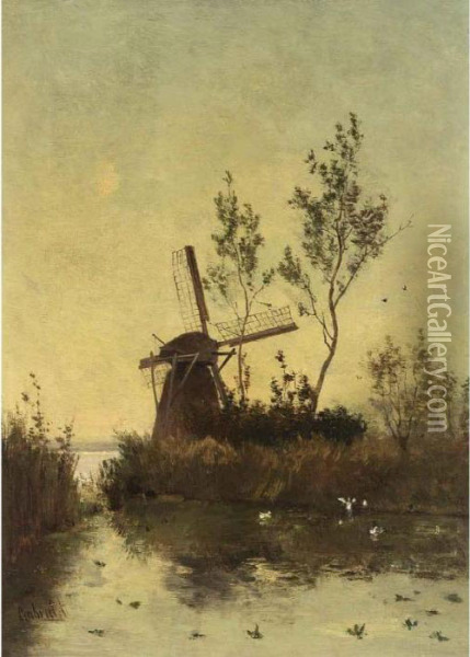 A Windmill At Dusk Oil Painting - Paul Joseph Constantine Gabriel