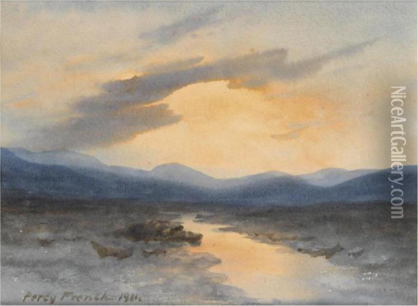 Sunset Over Bog Landscape Oil Painting - William Percy French