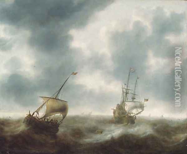 A Dutch merchantman, a pink and other shipping in rough seas Oil Painting - Jacob Adriaensz. Bellevois