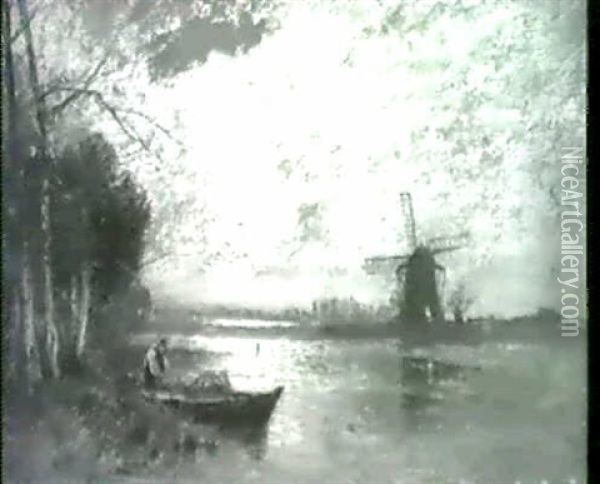 Fischer Bei Abendlichem Fischfang Am Fluss, Rechts Am Ufer  Eine Windmuhle Oil Painting - Louis Douzette