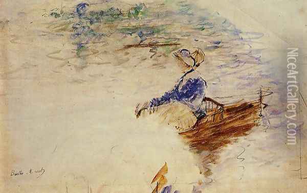Young Woman In A Rowboat Eventail Oil Painting - Berthe Morisot