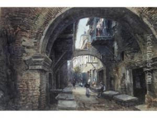 Figures On A Continental Backstreet Oil Painting - Alfred Leymann