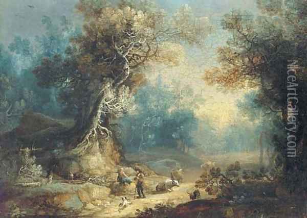 A wooded landscape with a shepherd and shepherdess at rest on a track Oil Painting - Frans Christoph Janneck
