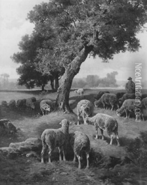 Berger Et Ses Moutons Oil Painting - Jules Bahieu