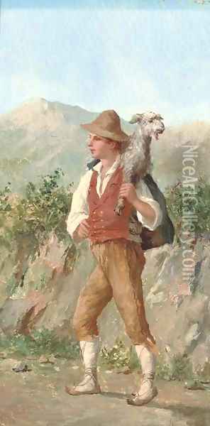 A young shepherd boy with a lamb Oil Painting - Luigi Scorrano
