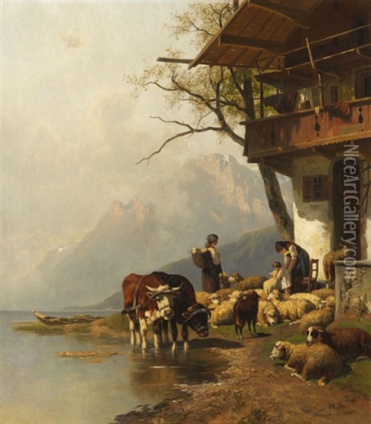 Ruhende Schafherde Vor Dem Haus Am Bergsee Oil Painting - Christian Friedrich Mali