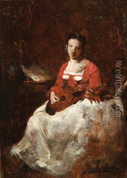 Femme A La Mandoline Oil Painting - Theodule Augustine Ribot