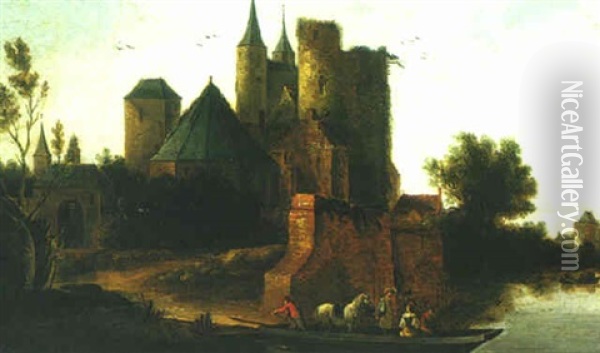 River Landscape With A Castle And A Ferry Boat Oil Painting - Nicolaes Molenaer
