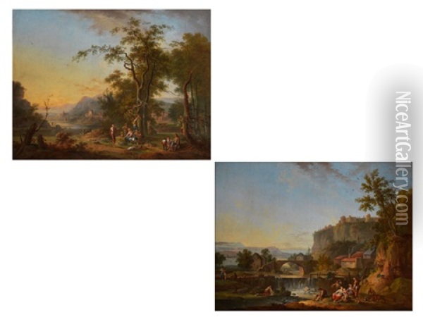 Landschaften Mit Figuren, Fluss Und Stadtansicht (pair) Oil Painting - Jean Baptiste Charles Claudot
