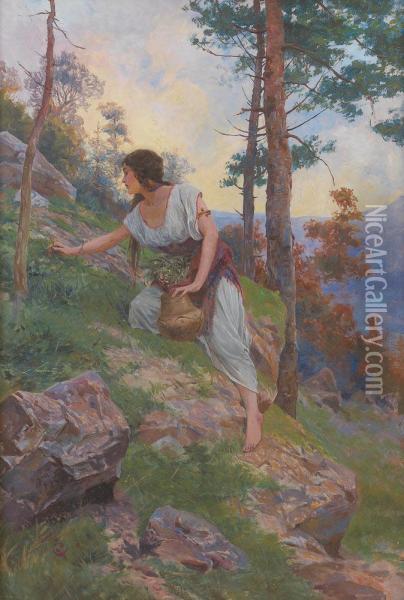 Jeune Femme Cueillant Des Fleurs Oil Painting - Leopold Cerny
