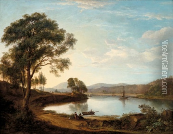 Travellers On A Roadside By A River, A Figure In A Punt In The Foreground Oil Painting - Alexander Nasmyth