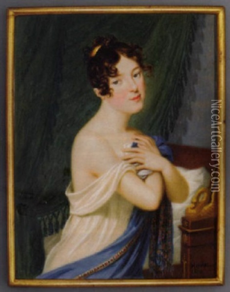 A Young Lady Holding Her Gauze White Dress And Light Blue Cashmere Stole With Crossed Hands To Her Breast, Gold Comb In Her Upswept And Curled Brown Hair Oil Painting - Carl Hummel