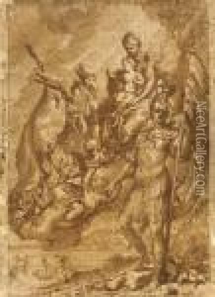 Vierge A L'enfant Adoree Par 
Saint Georges, Saint Antoine Abbe Et Saint Antoine De Padoue Oil Painting - Domenico Piola