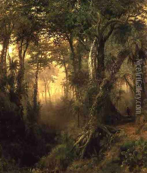 A Hunter in the Cuban Jungle, Sunrise, 1869 Oil Painting - Henri Cleenewerck