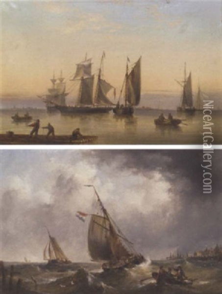 A Schooner And Fishing Vessels In A Calm Oil Painting - Henry Redmore