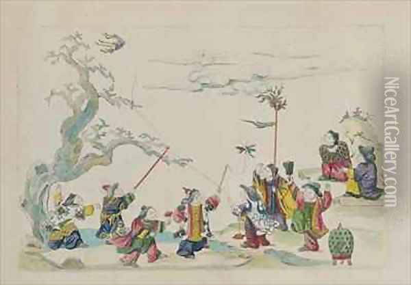 Children flying kites from an album of Chinese drawings Oil Painting - Jean Antoine Fraisse