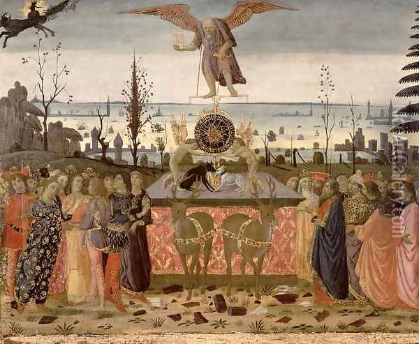 Triumph of Time, inspired by Triumphs by Petrarch 1304-74 Oil Painting - Jacopo Del Sellaio