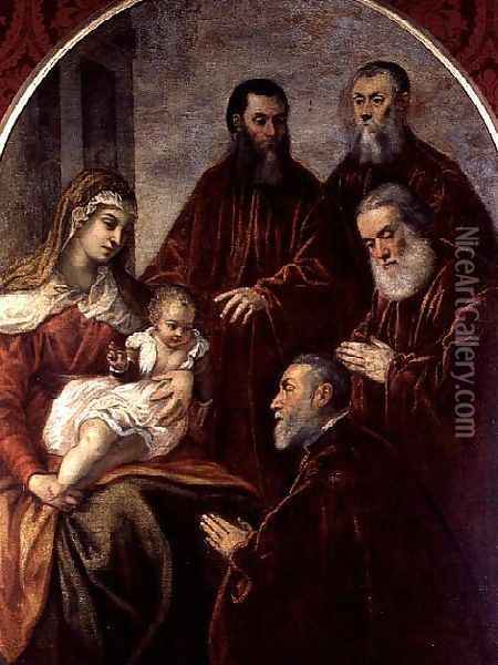 Madonna and child with four Statesmen Oil Painting - Jacopo Tintoretto (Robusti)