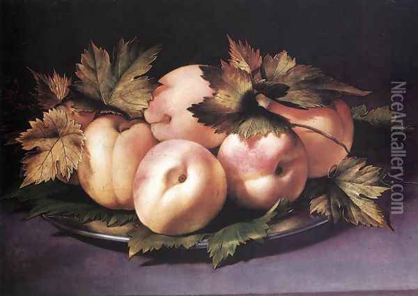 Still-life with Peaches and Fig-leaves 1590s Oil Painting - Giovanni Ambrogio Figino