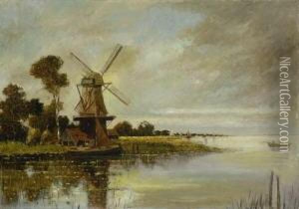 Hollandische Landschaft Mit
 Windmuhle. Oil Painting - Karl Heffner