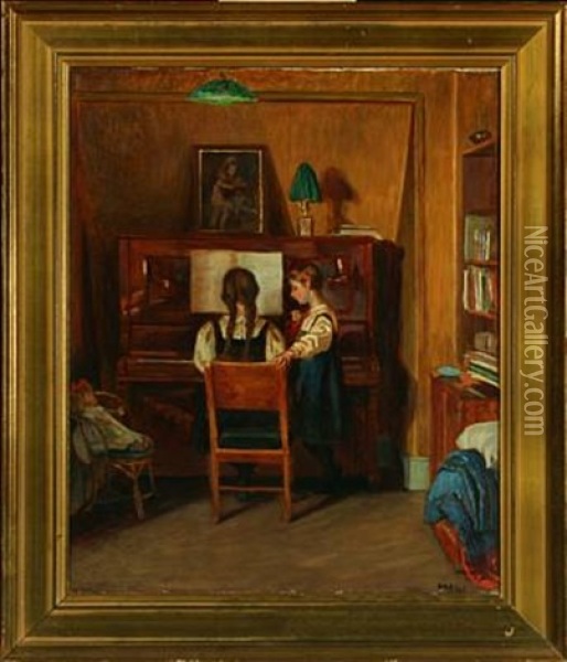Interior With Girls And Dolls By The Piano Oil Painting - Marianne Host