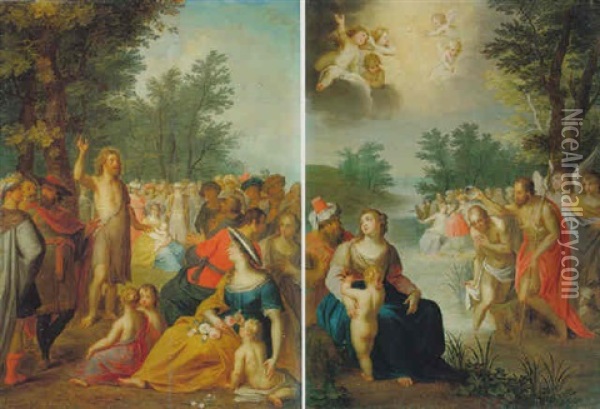 Saint John The Baptist Preaching In The Wilderness & The Baptism Of Christ Oil Painting - Balthasar Beschey
