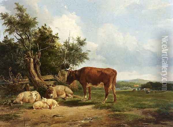 An Extensive Landscape With Cattle Resting Oil Painting - Simon Van Den Berg